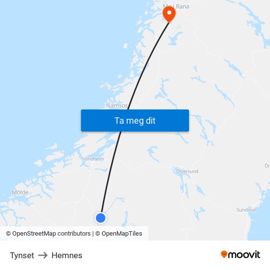 Tynset to Hemnes map