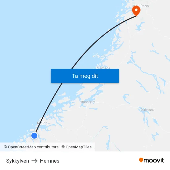 Sykkylven to Hemnes map