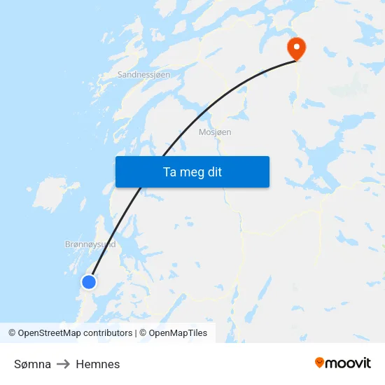 Sømna to Hemnes map