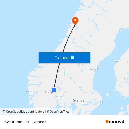 Sør-Aurdal to Hemnes map