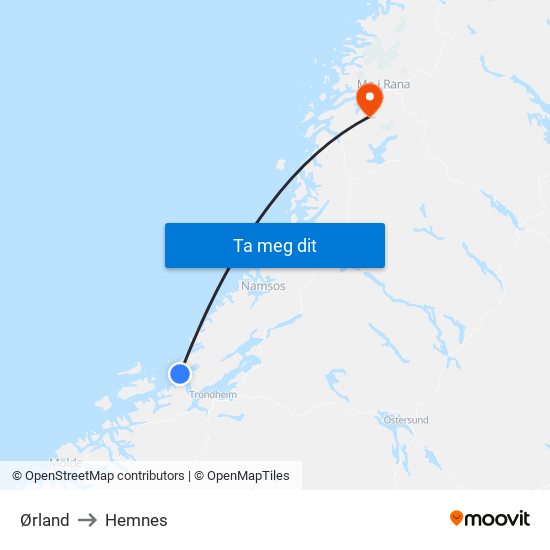 Ørland to Hemnes map