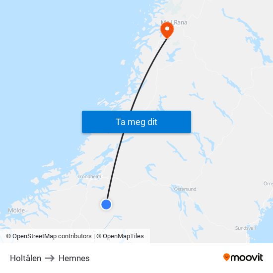 Holtålen to Hemnes map