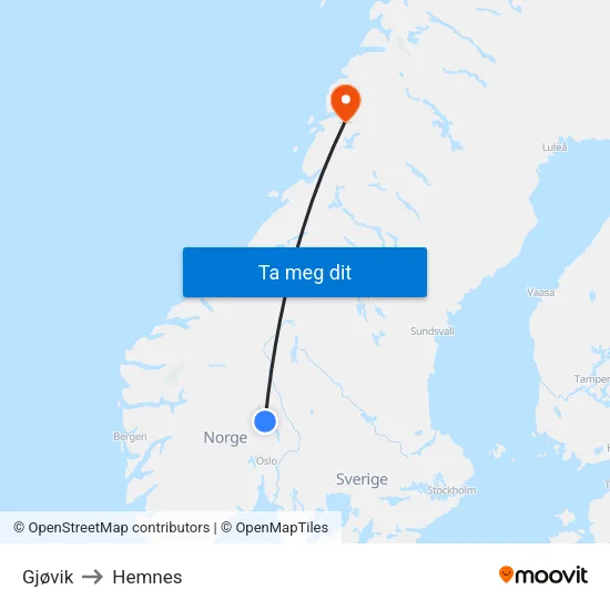 Gjøvik to Hemnes map