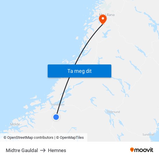 Midtre Gauldal to Hemnes map