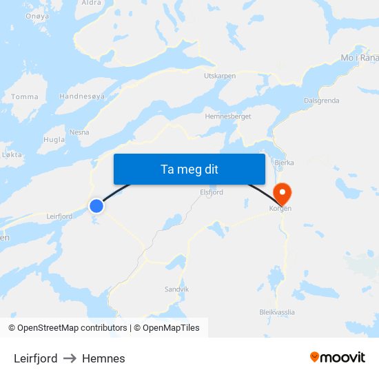 Leirfjord to Hemnes map