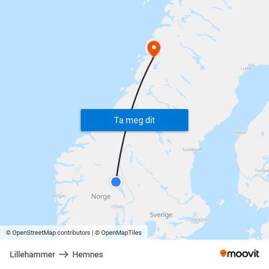 Lillehammer to Hemnes map