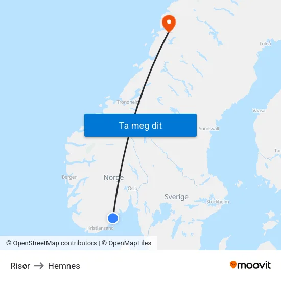 Risør to Hemnes map