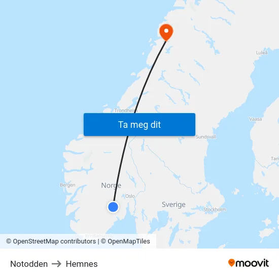 Notodden to Hemnes map