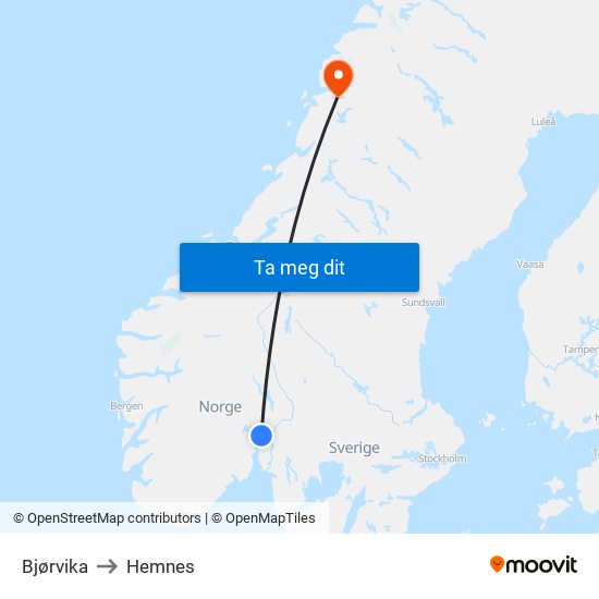 Bjørvika to Hemnes map