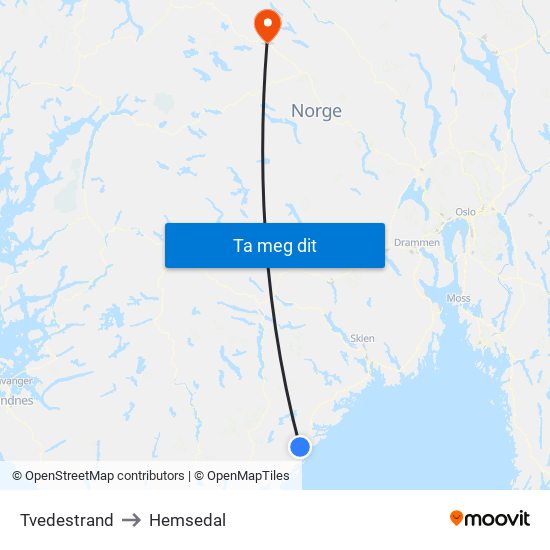Tvedestrand to Hemsedal map
