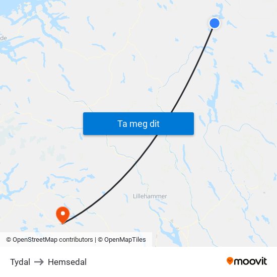 Tydal to Hemsedal map