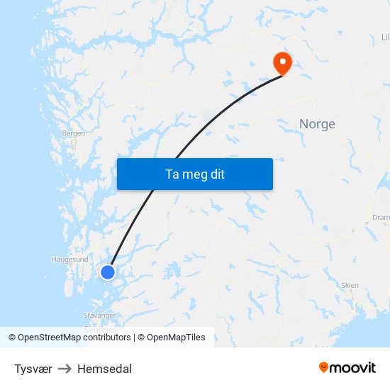 Tysvær to Hemsedal map