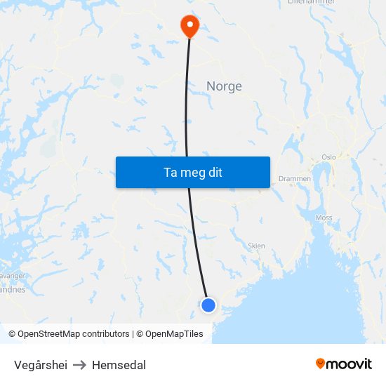 Vegårshei to Hemsedal map