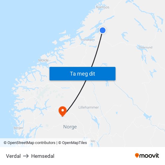 Verdal to Hemsedal map