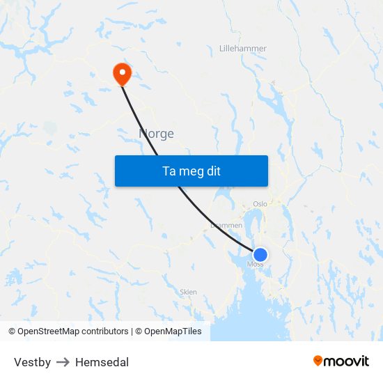 Vestby to Hemsedal map
