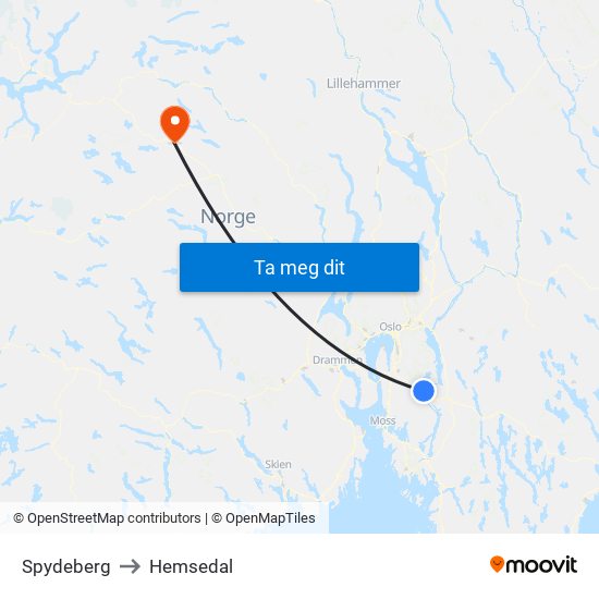 Spydeberg to Hemsedal map