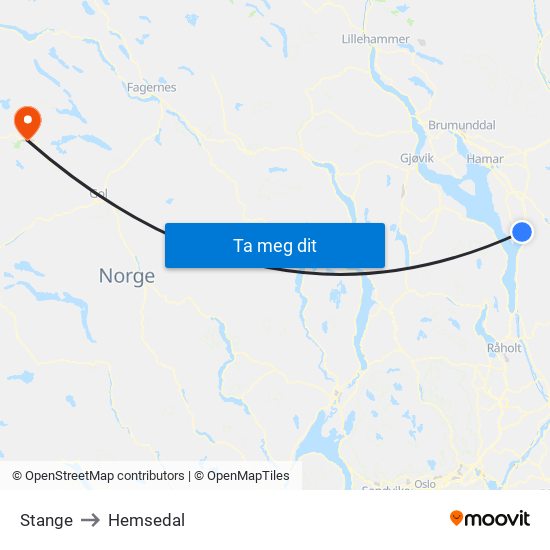 Stange to Hemsedal map