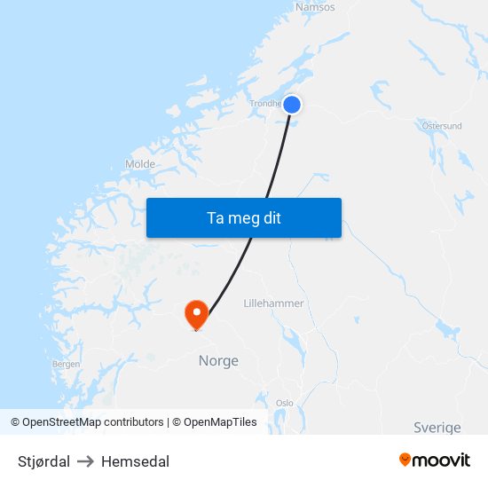 Stjørdal to Hemsedal map