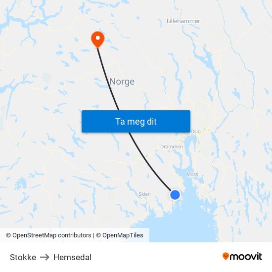 Stokke to Hemsedal map