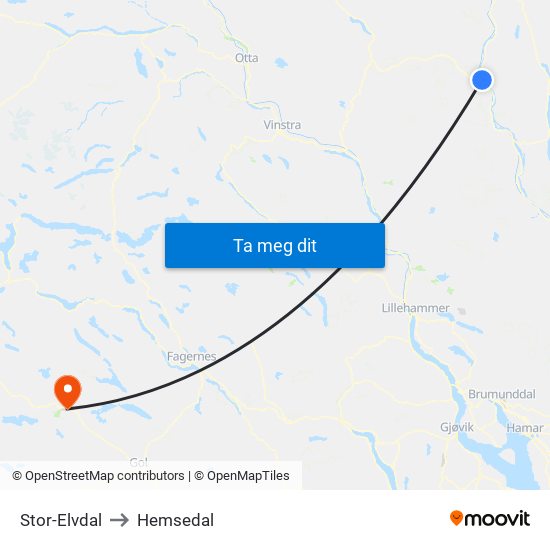 Stor-Elvdal to Hemsedal map