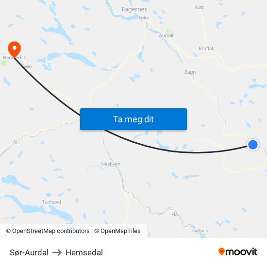 Sør-Aurdal to Hemsedal map