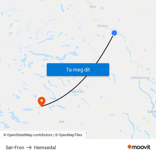 Sør-Fron to Hemsedal map