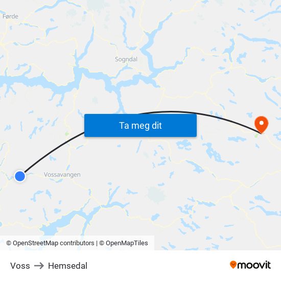 Voss to Hemsedal map