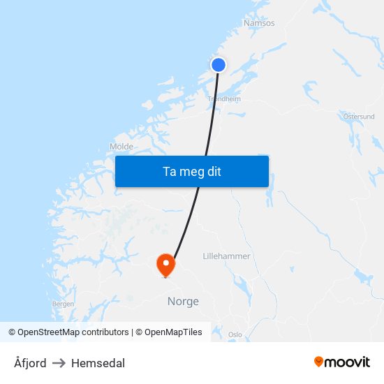 Åfjord to Hemsedal map