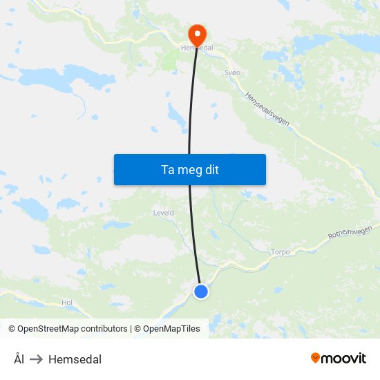 Ål to Hemsedal map