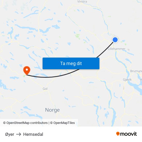 Øyer to Hemsedal map