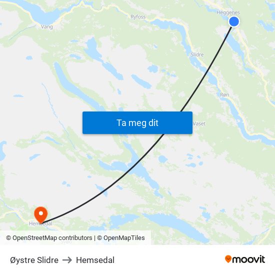 Øystre Slidre to Hemsedal map