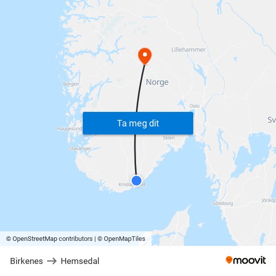 Birkenes to Hemsedal map