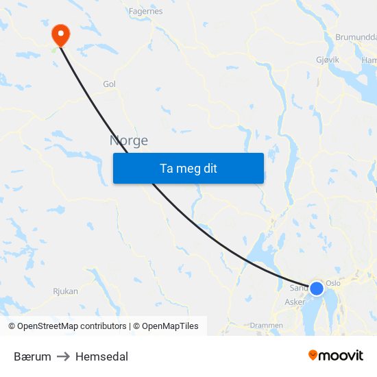Bærum to Hemsedal map