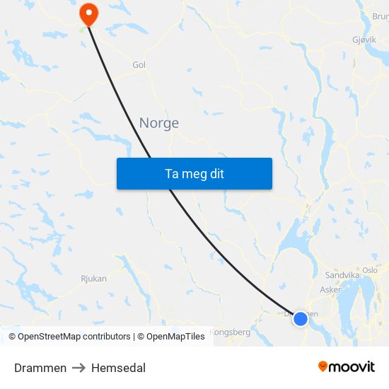 Drammen to Hemsedal map