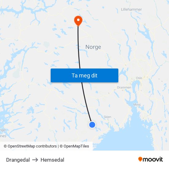 Drangedal to Hemsedal map