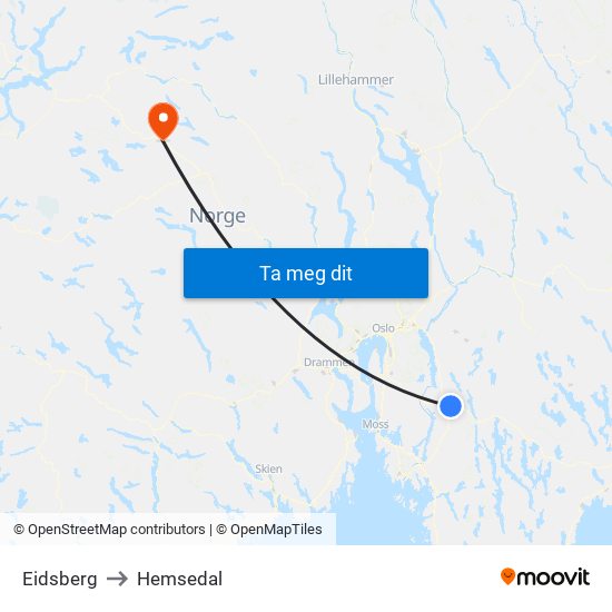 Eidsberg to Hemsedal map