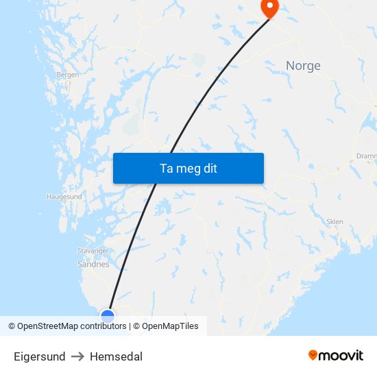 Eigersund to Hemsedal map