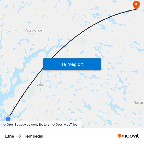 Etne to Hemsedal map