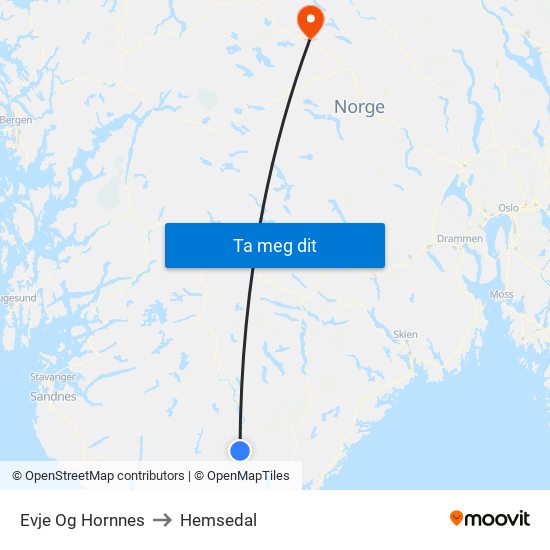 Evje Og Hornnes to Hemsedal map