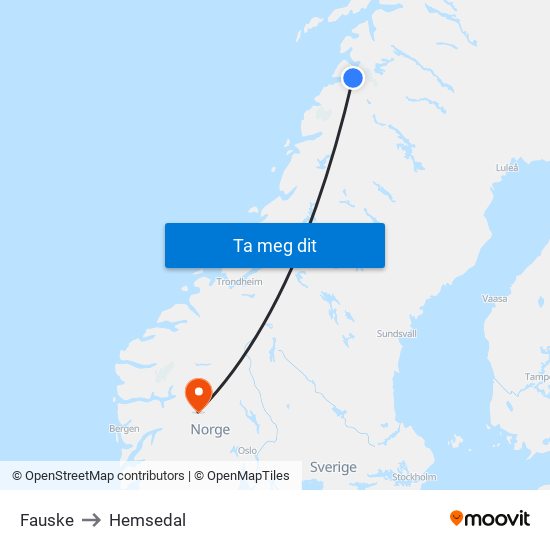 Fauske to Hemsedal map
