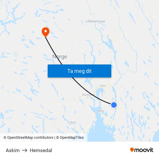 Askim to Hemsedal map