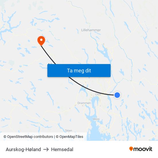 Aurskog-Høland to Hemsedal map