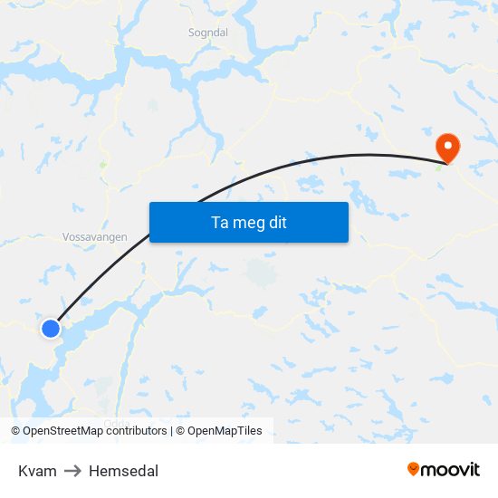 Kvam to Hemsedal map