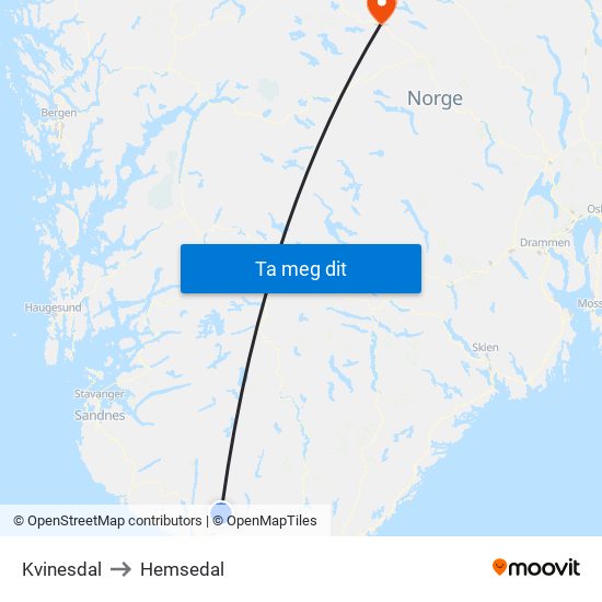 Kvinesdal to Hemsedal map