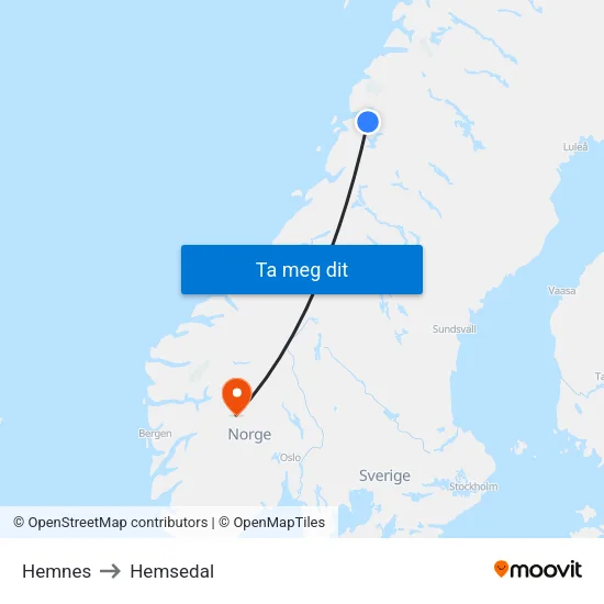 Hemnes to Hemsedal map
