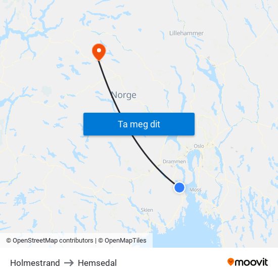 Holmestrand to Hemsedal map