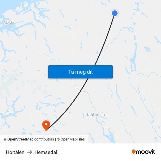 Holtålen to Hemsedal map