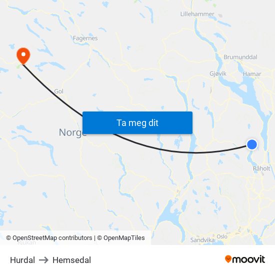 Hurdal to Hemsedal map