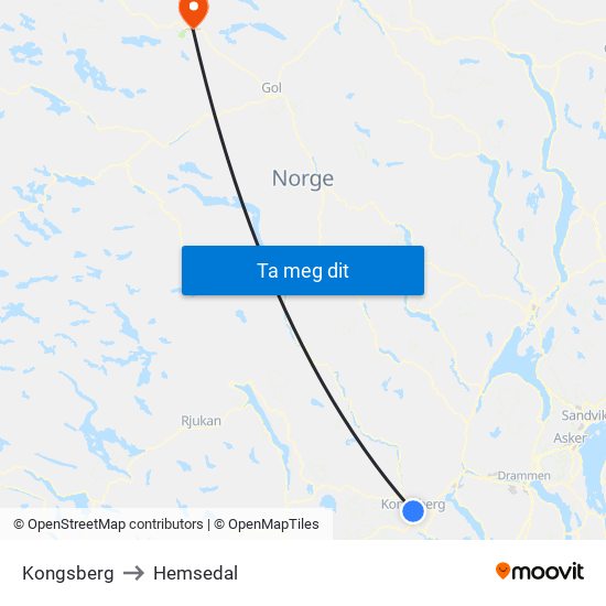 Kongsberg to Hemsedal map