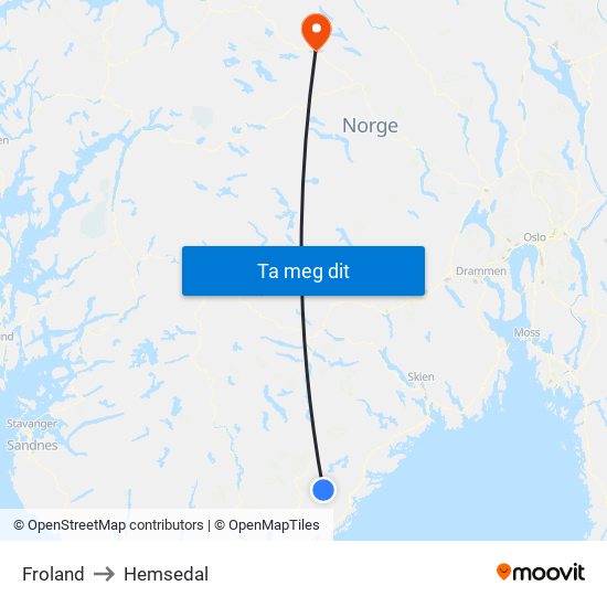 Froland to Hemsedal map